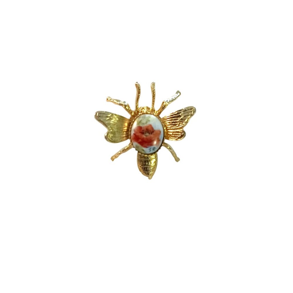 Vintage Gold Tone Bee Brooch Pin Hand-Painted Flower Body Initialed 1" Whimsical